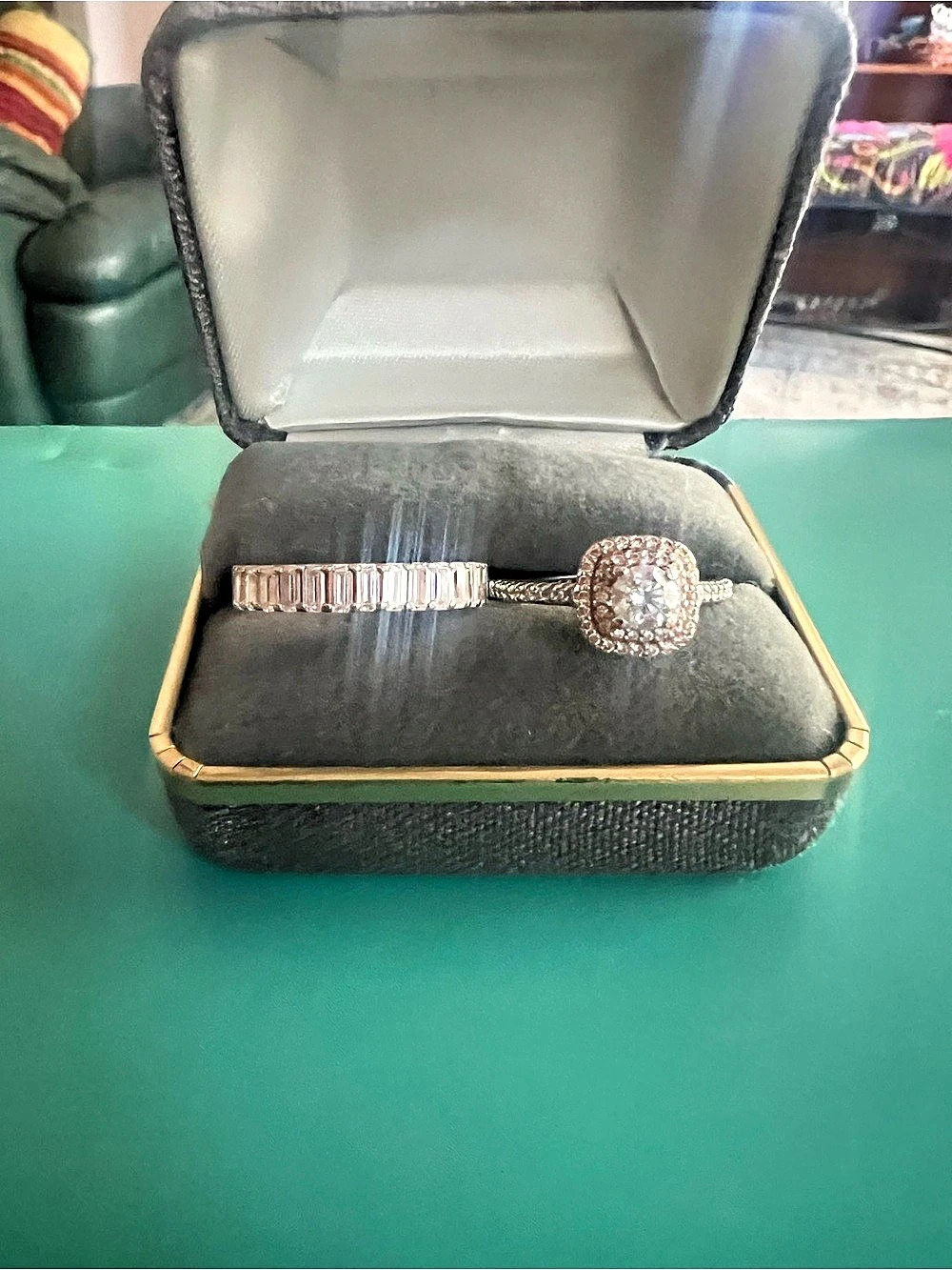 Reeds Jewlery unique rose gold, halo set engagement ring,Brilliant Earth stone!